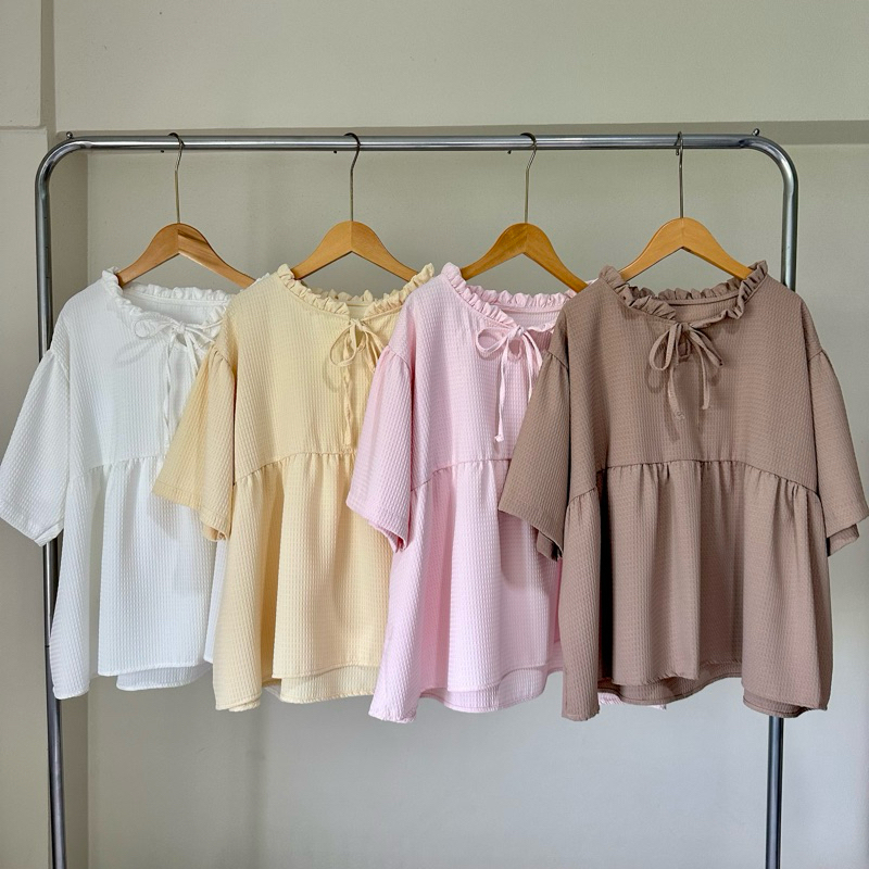 เสื้อแขนสั้นทรงต่ออก ผ้าวาฟเฟิลพรีเมียม