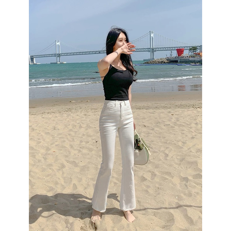 กางเกงยีนส์ขาม้าสีขาวผ้ายืด