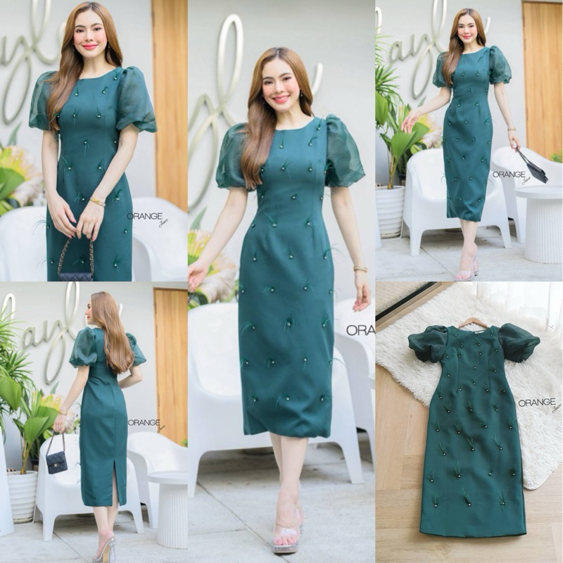 พร้อมส่ง S-2XL ป้าย Orange Juice เดรสยาว สีเขียว ปักขนนก 3D ชุดออกงาน ผ้าดีมาก