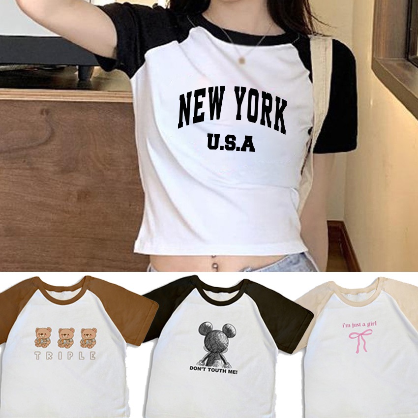 เสื้อครอปเกาหลี มือหนึ่ง นำเข้า ราคาถูก แฟชั่น ผ้า cotton อย่างดี สไตล์วินเทจ
