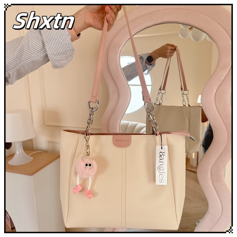 Shxtn หนัง PU หญิง กระเป๋าสไตล์เกาหลีแฟชั่นเรียบง่ายกระเป๋าสะพายไหล่ลําลอง ความจุขนาดใหญ่