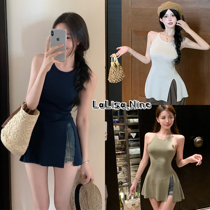 Lalisa พร้อมส่ง เสื้อสายเดี่ยวทรงยาว ผ้าไหมพรมสีพื้น แขนกุด ปลายแหวนข้าง รัดรูปดูดี ใส่แล้วดูดี เกร๋ๆ สำหรับผู้หญิง