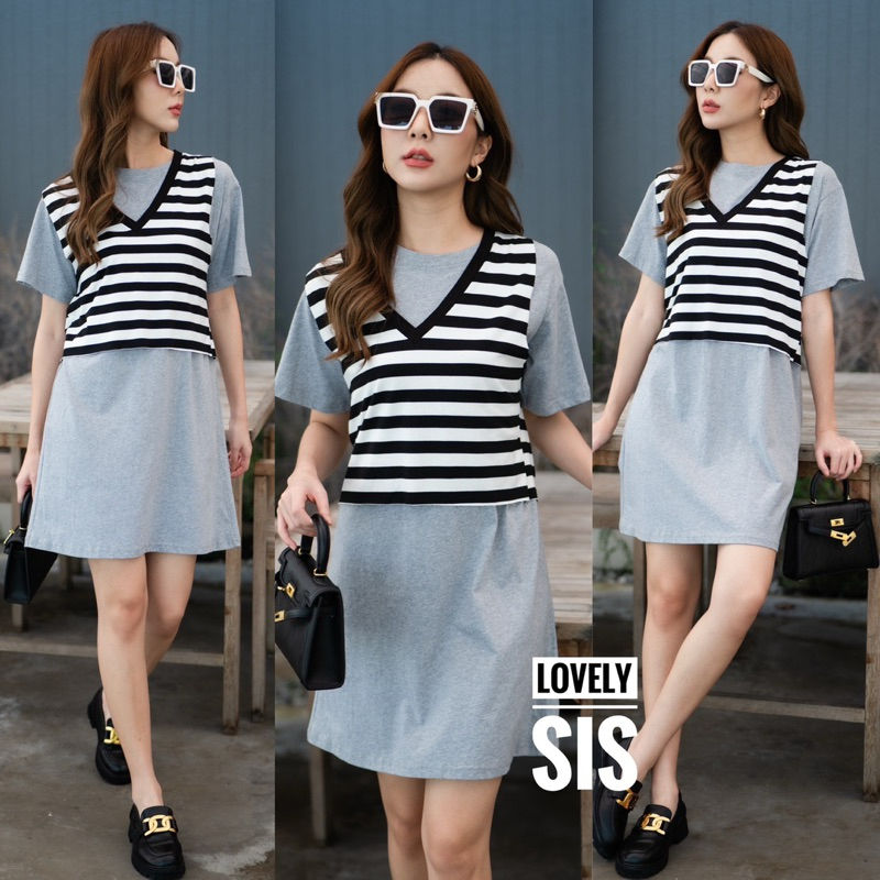 Cotton Short Sleeve Dress&Stripe V Vest Set