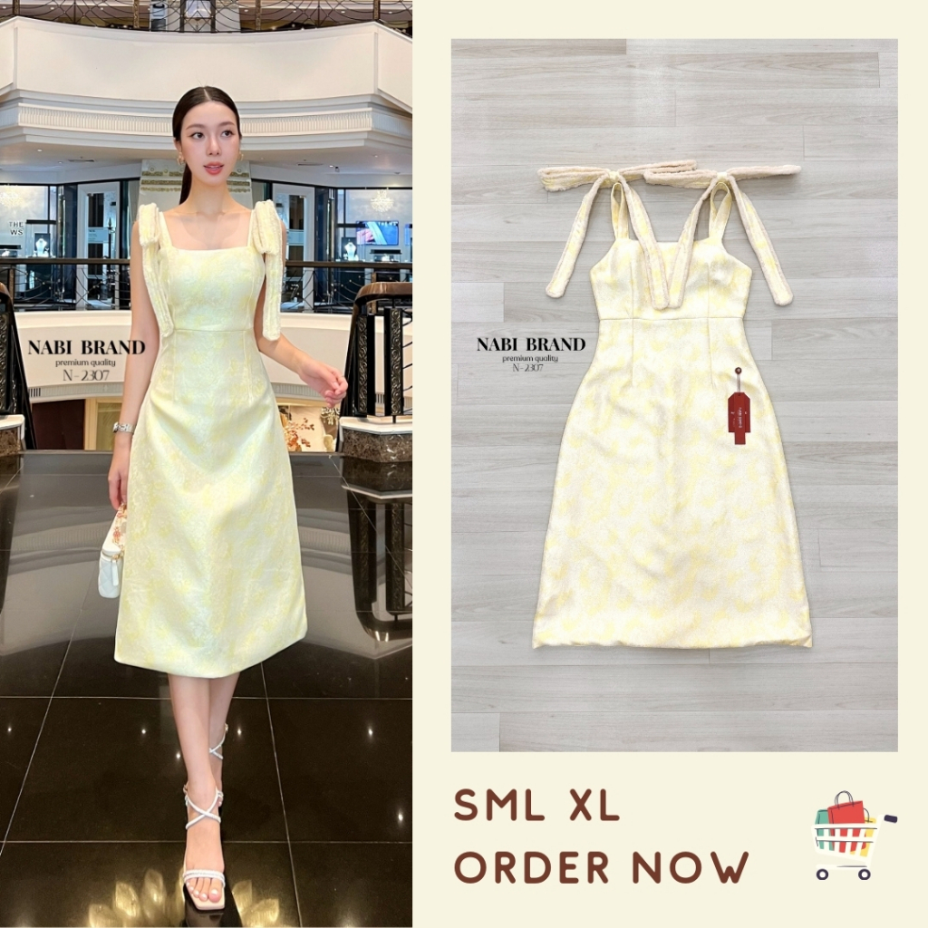 S-XL เดรสออกงานสีครีมทอง ชุดเดรสสไตล์เจ้าหญิง เดรสสีทอง ชุดออกงานสวยเรียบหรู งานป้าย Nabi