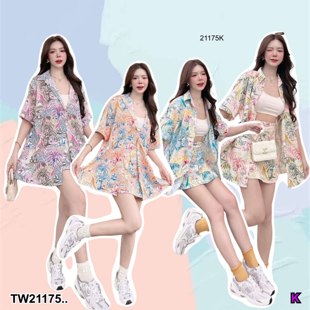 PP21175 Set 2 ชิ้น เสื้อโอเวอรใซส์ + กางเกงกระโปรง