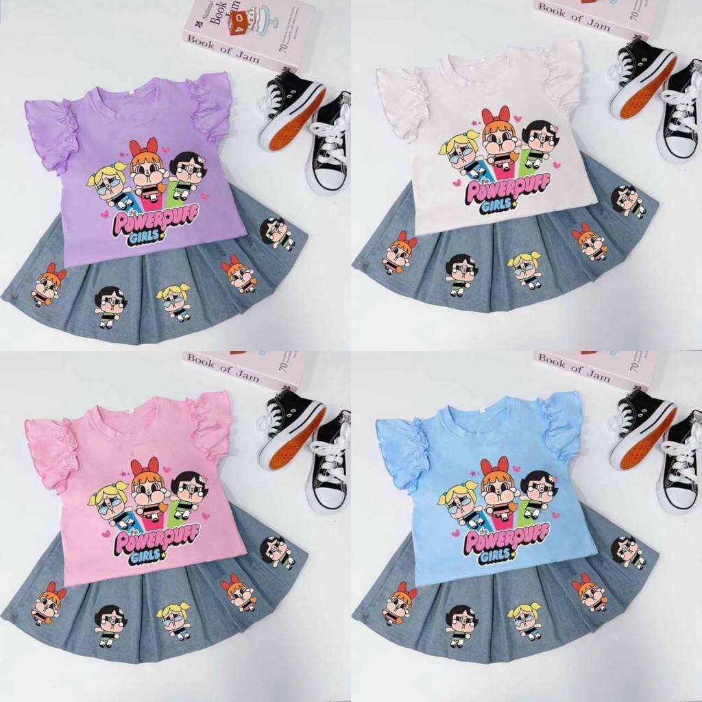 BB054 ชุดเซต เสื้อแขนระบาย + กระโปรงลายppg น่ารักกก มี 4 สีให้เลือก
