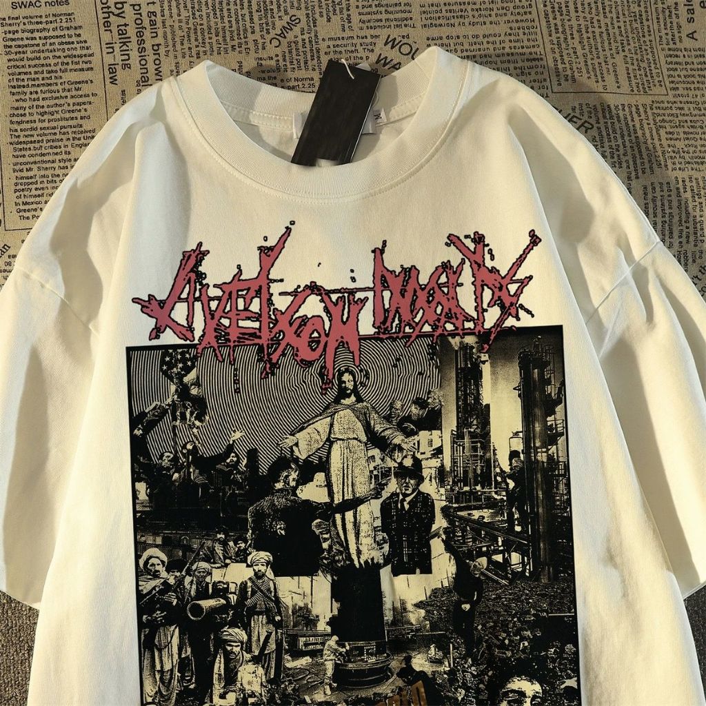 เสื้อยืดชาย เสื้อยืด เสื้อยืดลายการ์ตูน คอกลม สไตล์ฮิปฮอป ทรงหลวม พิมพ์ลายการ์ตูน