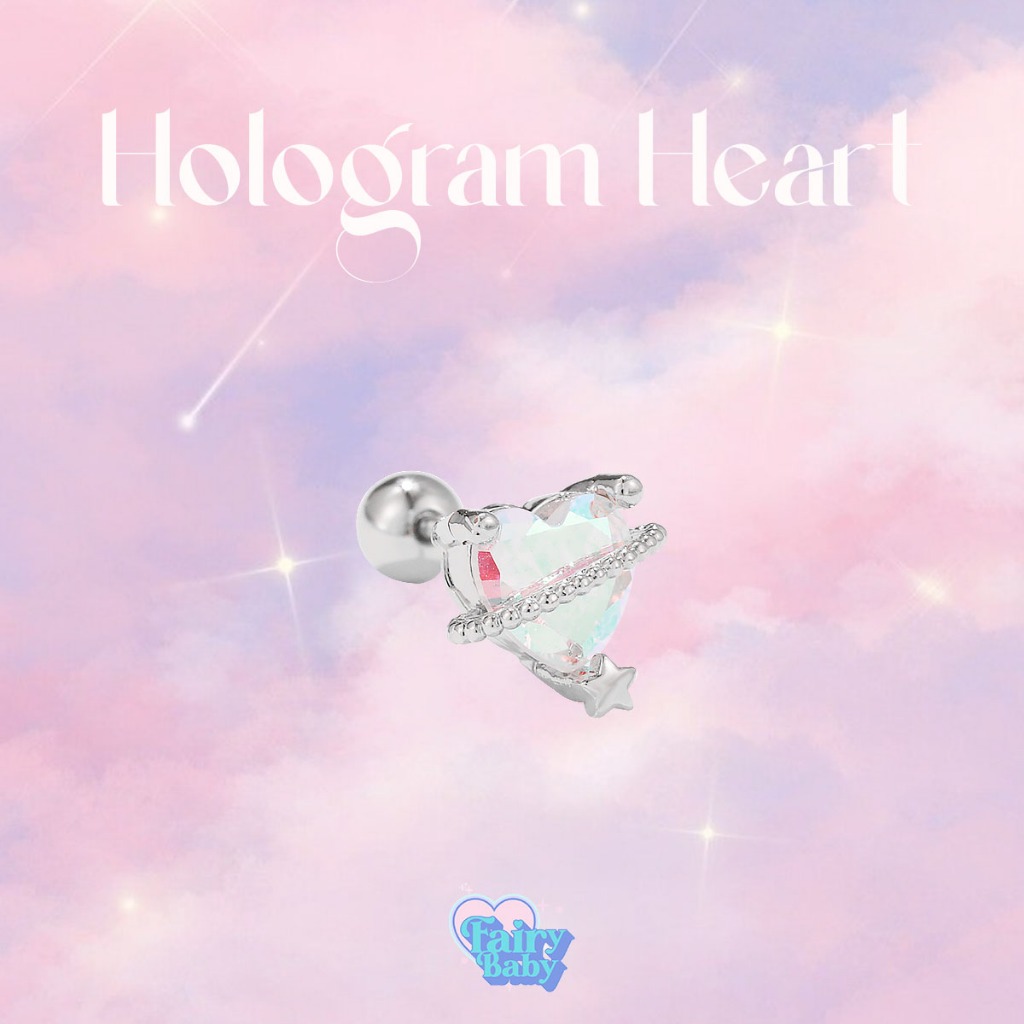 Fairybaby จิว Hologram Heart (1ชิ้น) จิวต่างหู วงแหวนรูปหัวใจ สีโฮโลแกรม ตกแต่งดาวดวงเล็ก สีเงิน (J1-069)