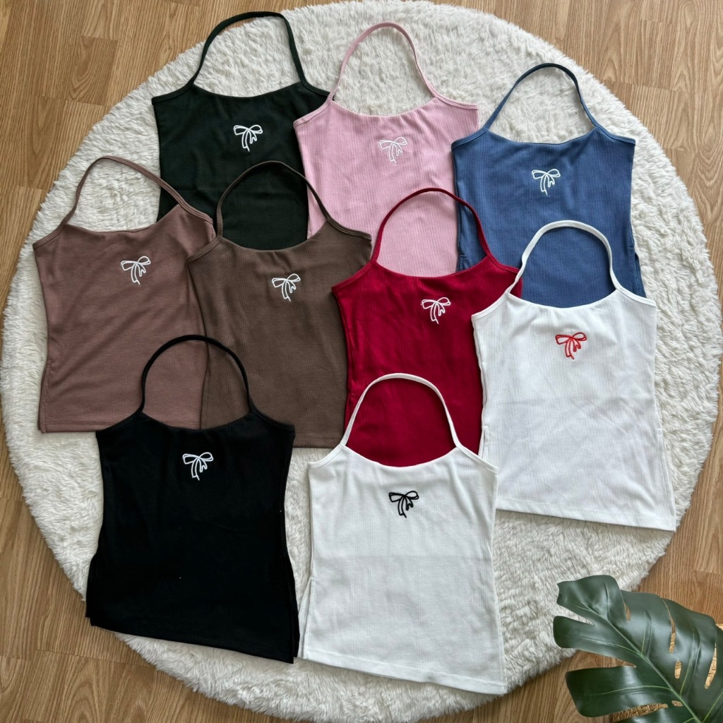 BISCUIT CROP TOP เสื้อปักโบว์คล้องคอ ผ่าด้านข้าง ชายเฉียง ผ้าร่องญี่ปุ่นเนื้อนุ่ม