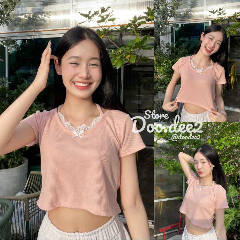 ♦️DOODEE2♦️เสื้อแขนสั้นคล้องคอ แต่งลูกไม้ตรงคอ ผ้ารังผึ้ง