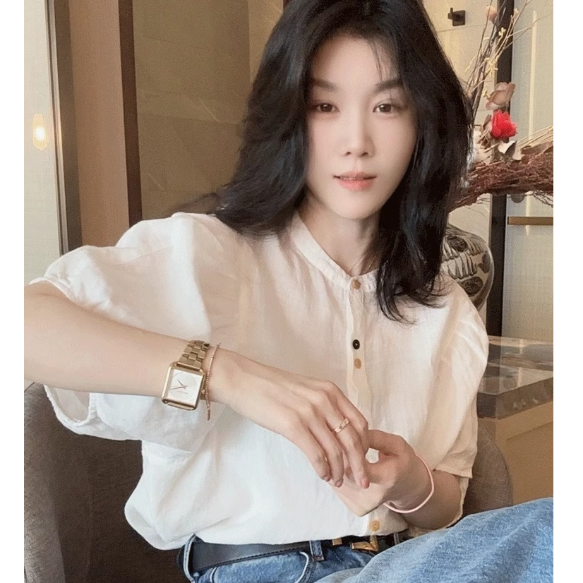 WMB5066  Shirt เสื้อเชิ้ตคอจีน แต่งกระดุมหน้า แขนพองสไตล์เกาหลี เนื้อผ้าดี ผ้าไม่หนามาก ผ้าใส่สบาย ไ