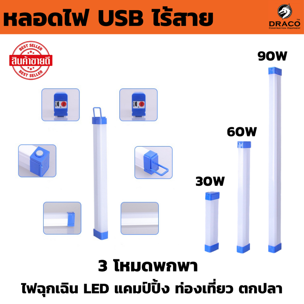 ไฟฉุกเฉิน หลอดไฟ USB ไร้สาย 3 โหมดพกพา 90W/60W/30W ไฟฉุกเฉิน LED แคมป์ปิ้ง ท่องเที่ยว ตกปลา