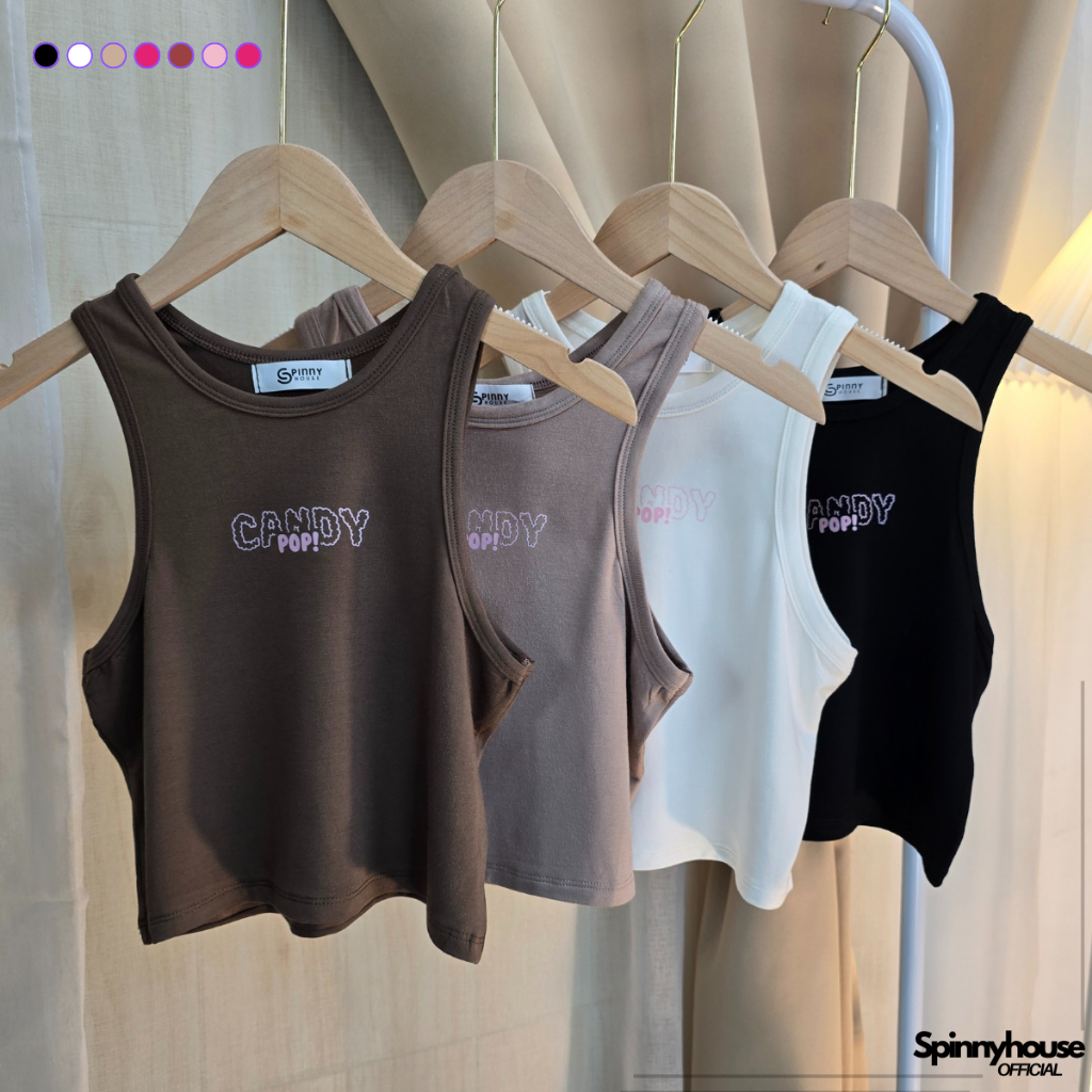 Spinnyhouse เสื้อครอปกล้าม ผ้าเรย่อน ทรงรัดรูป สกรีนลาย ใส่แล้วกระชับพรางหุ่น สาวอวบก็ใส่ได้ พร้อมส่ง รุ่น กล้ามCandypop