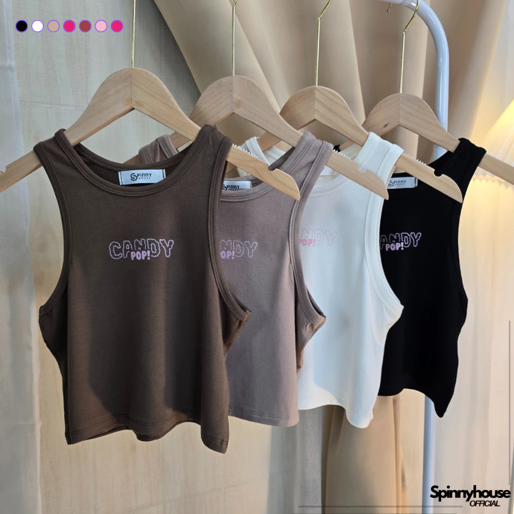 Spinnyhouse เสื้อครอปกล้าม ผ้าเรย่อน ทรงรัดรูป สกรีนลาย ใส่แล้วกระชับพรางหุ่น สาวอวบก็ใส่ได้ พร้อมส่ง รุ่น กล้ามCandypop