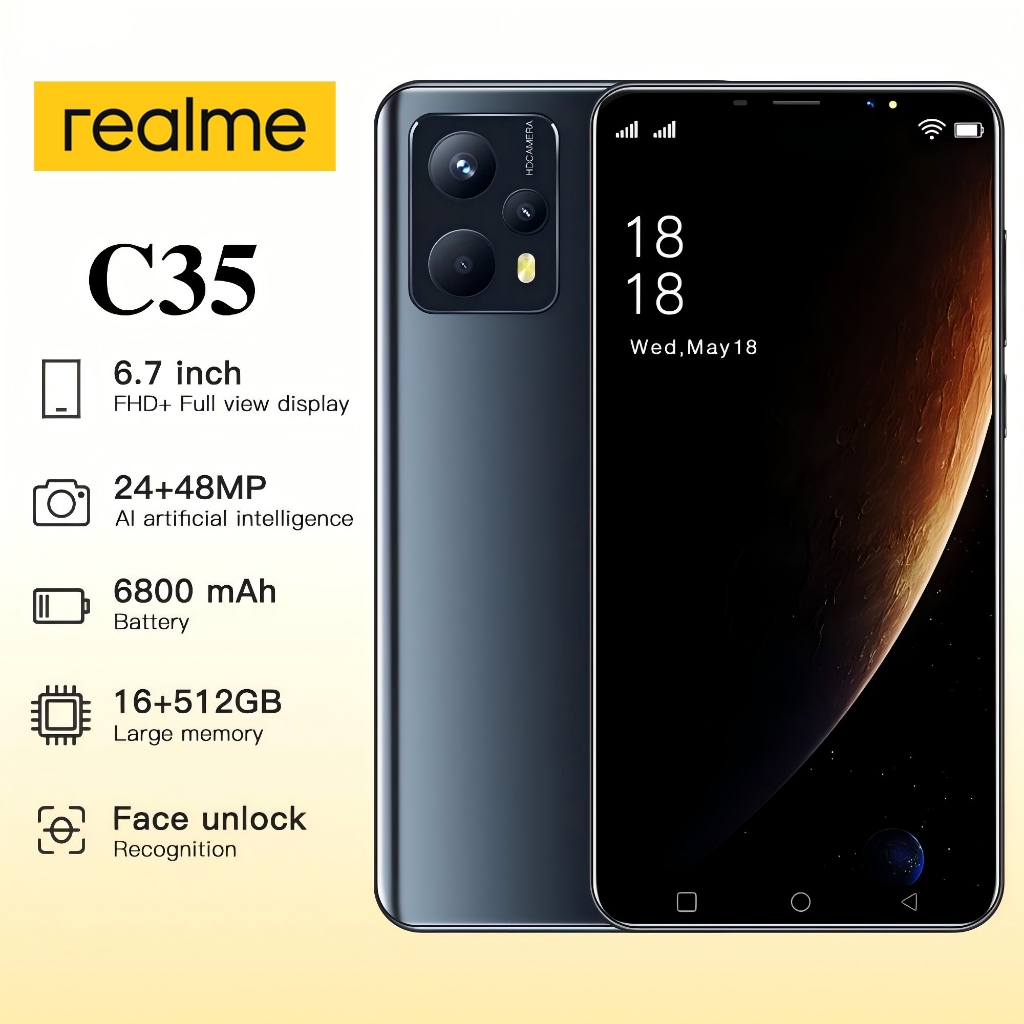 โทรศัพท์มือถือ C35 6.5 นิ้ว 5G โทรศัพท์แบบเต็มหน้าจอ 16GB RAM + 512GB รอมโทรศัพท์ราคาถูกเมนูไทย 6800mAh สมาร์ทโฟน
