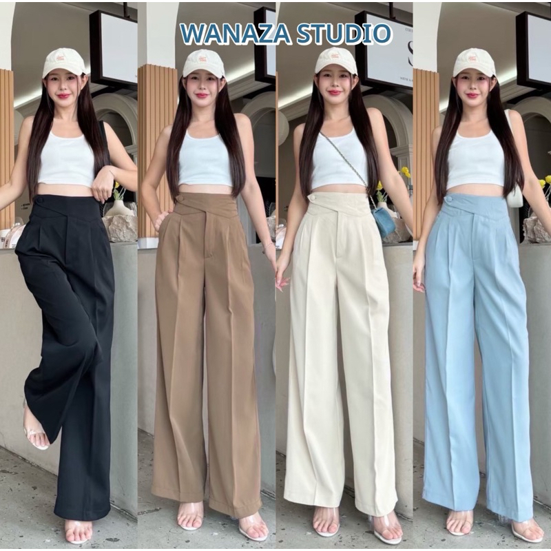 WT28 รุ่น ขอบยื่นกระดุม กางเกงทรงกระบอก ใหญ่ กางเกงเอวสูง ผู้หญิง เก็บพุง พรางหุ่น กางเกงขายาวผู้หญิง ใส่ทำงาน ผ้าลินลี่
