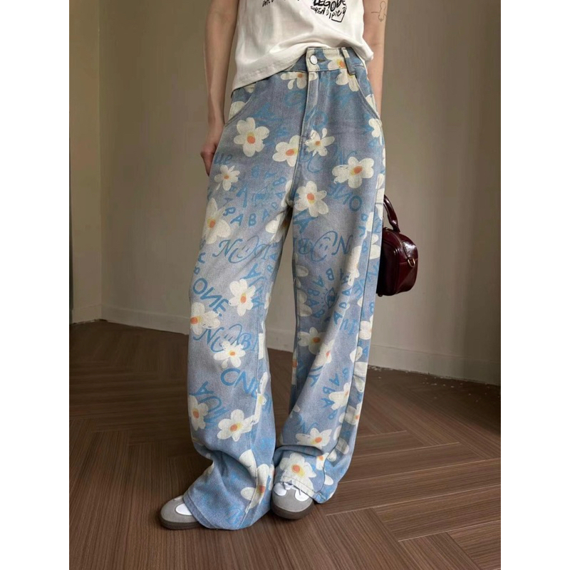 กางเกงยีนส์ทรงกระบอกผู้ชาย white flower jeans