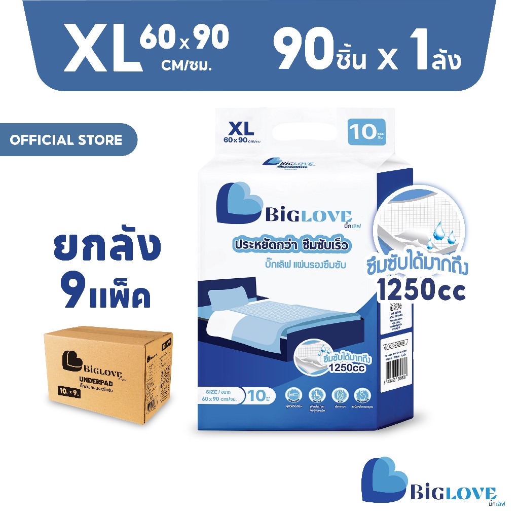 Biglove แผ่นรองซับ ไซส์ XL ขนาด 60*90 ซม. จำนวน 90 ชิ้น ยกลัง