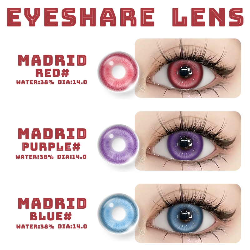 Eyeshare Madridคอนแทคเลนส์สีแดง/สีม่วง/สีฟ้า 1 คู่ 14.0 มม.มินิคอนแทคเลนส์สีสามารถใช้งานได้ 1 ปีจัดส่งฟรีความชื้น 38%