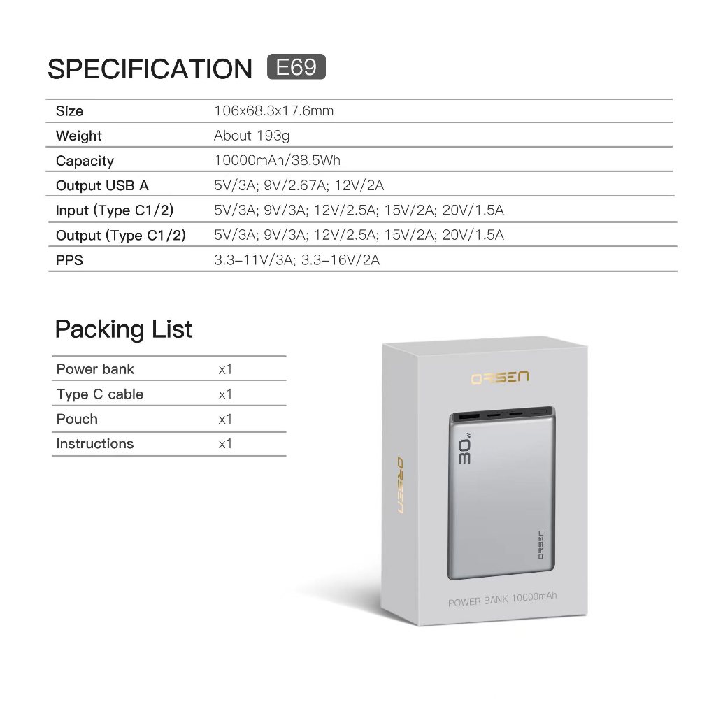 แบตสำรอง Orsen by Eloop E69 PowerBank แบตสำรอง 10000mAh ชาร์จเร็ว 30W Fast Charger - รูปที่ 7