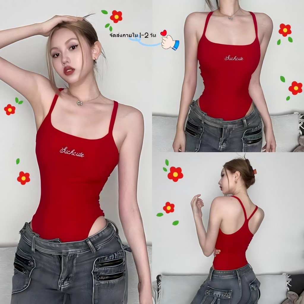 Swift Bra ตัวอักษรสีแดงปัก Jumpsuit แขนกุดผู้หญิงเปิดเสื้อกั๊ก สไตล์สตรีท เสื้อเว้าหลัง