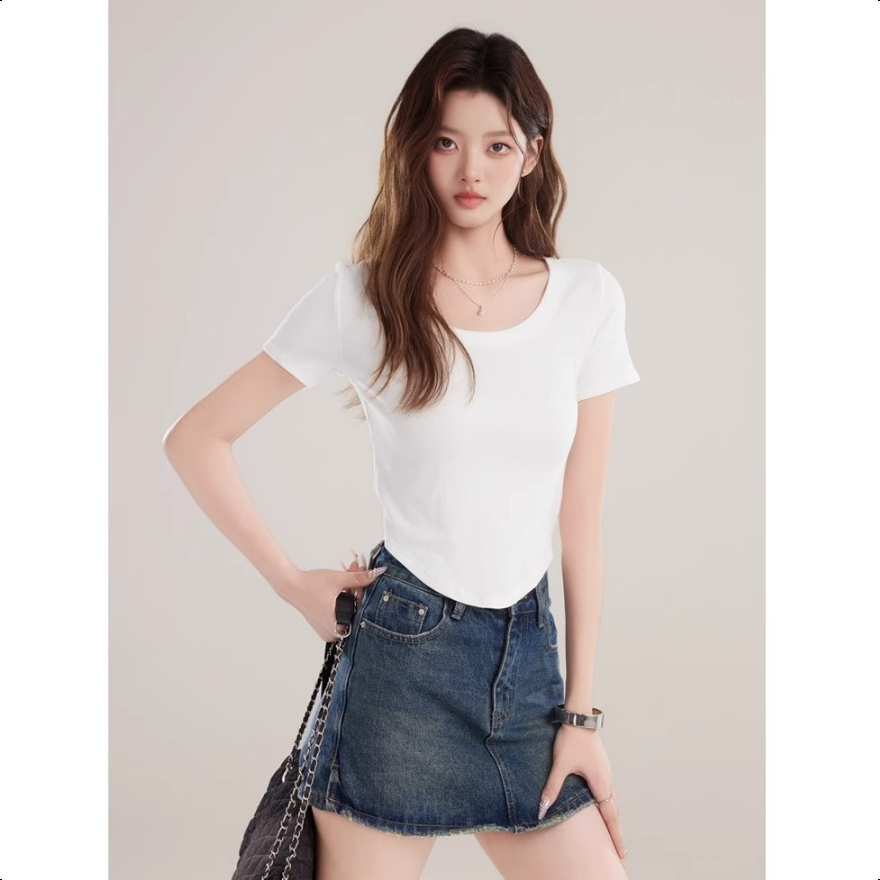 เสื้อยืดผู้หญิง เสื้อยืดคอยู สีทึบ เซ็กซี่ แขนสั้น ผิดปกติ ท็อปส์ซูผ้าฝ้าย แสดงผอม เสื้อยืดสาวอวบ เสื้อโอเวอร์ไซส์ M-4XL - รูปที่ 4