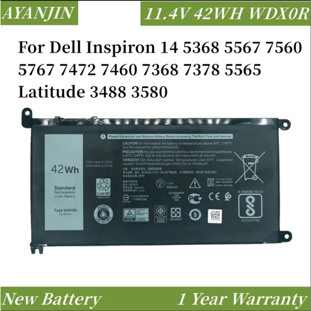 New 11.4V 42Wh WDX0R Laptop Battery For Dell Inspiron 14 5368 5567 7560 5767 7472 7460 7368 7378 5565 Latitude 3488 3580