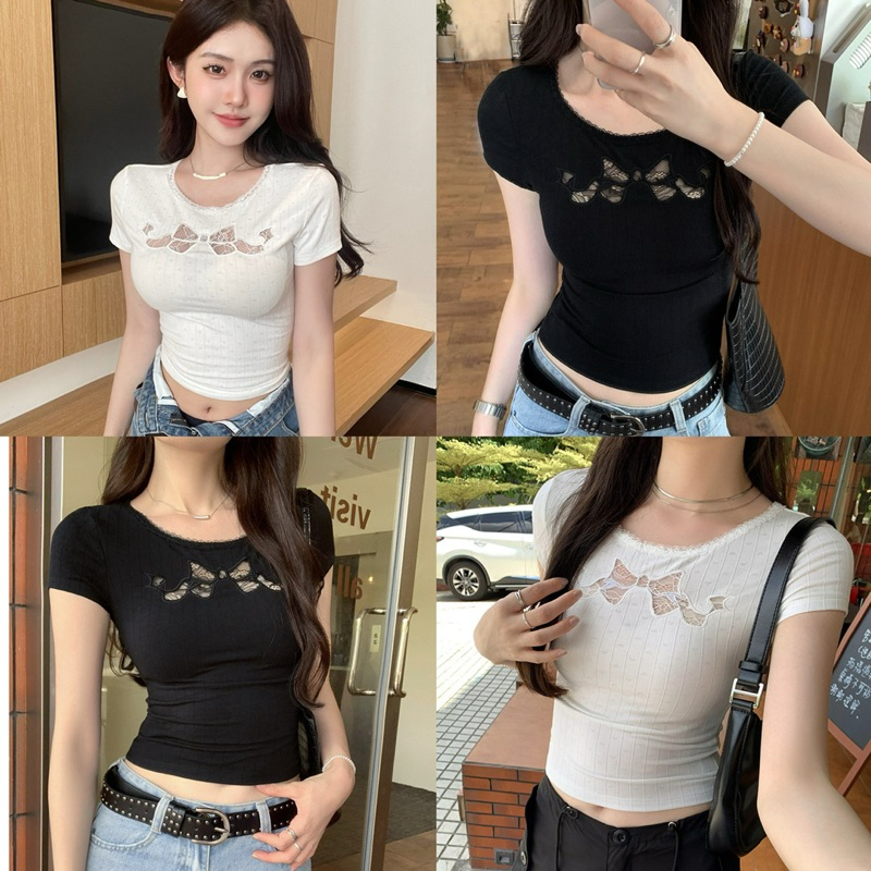 Ribbon top 🎀 เสื้อยืดแขนสั้น ผ้าฝ้ายแท้ เข้ารูป ประดับโบว์ แต่งลูกไม้เรียบง่าย แฟชั่นฤดูร้อน