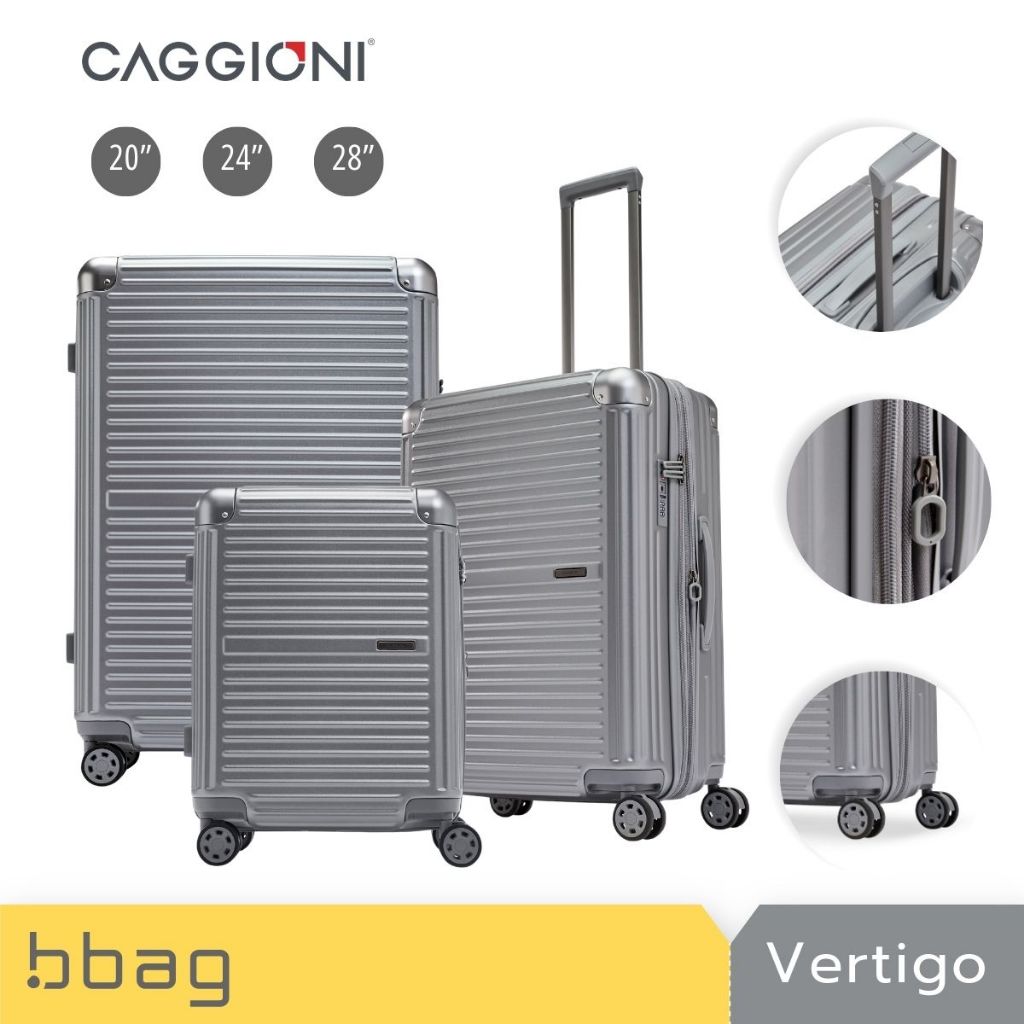 CAGGIONI กระเป๋าเดินทาง รุ่นเวอร์ติโก (Vertigo N19081) โพลีคาบอเนต PC ซิป 2 ชั้น ซิปขยาย TSA ล้อคู่ 360 องศา [เงิน]