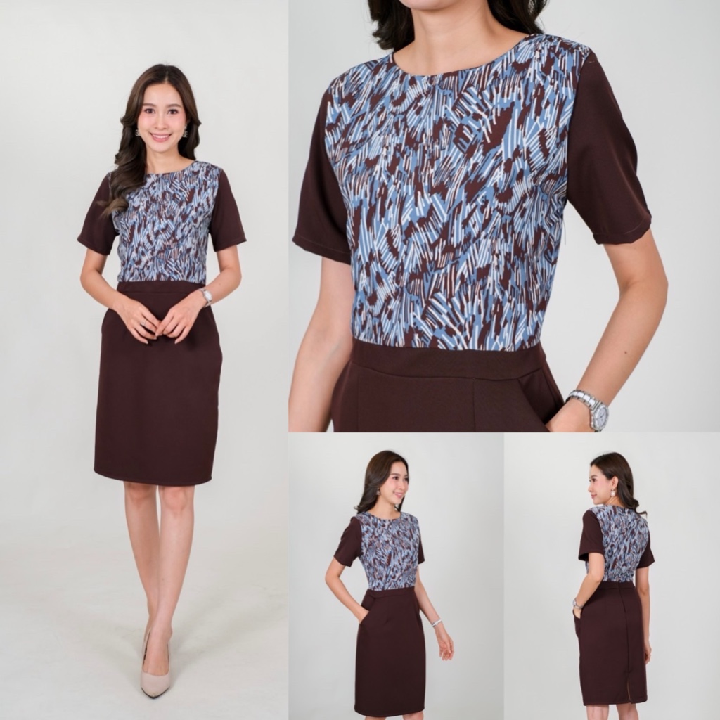 Dresschanya เดรสทำงาน เสื้อผ้าชีฟองเกาหลีลายกราฟิก ตัดแมทผ้าพื้นช่วงแขนและกระโปรเนื้อบาร์บี้ สีฟ้าน้ำตาลและ สีชมพูกรม
