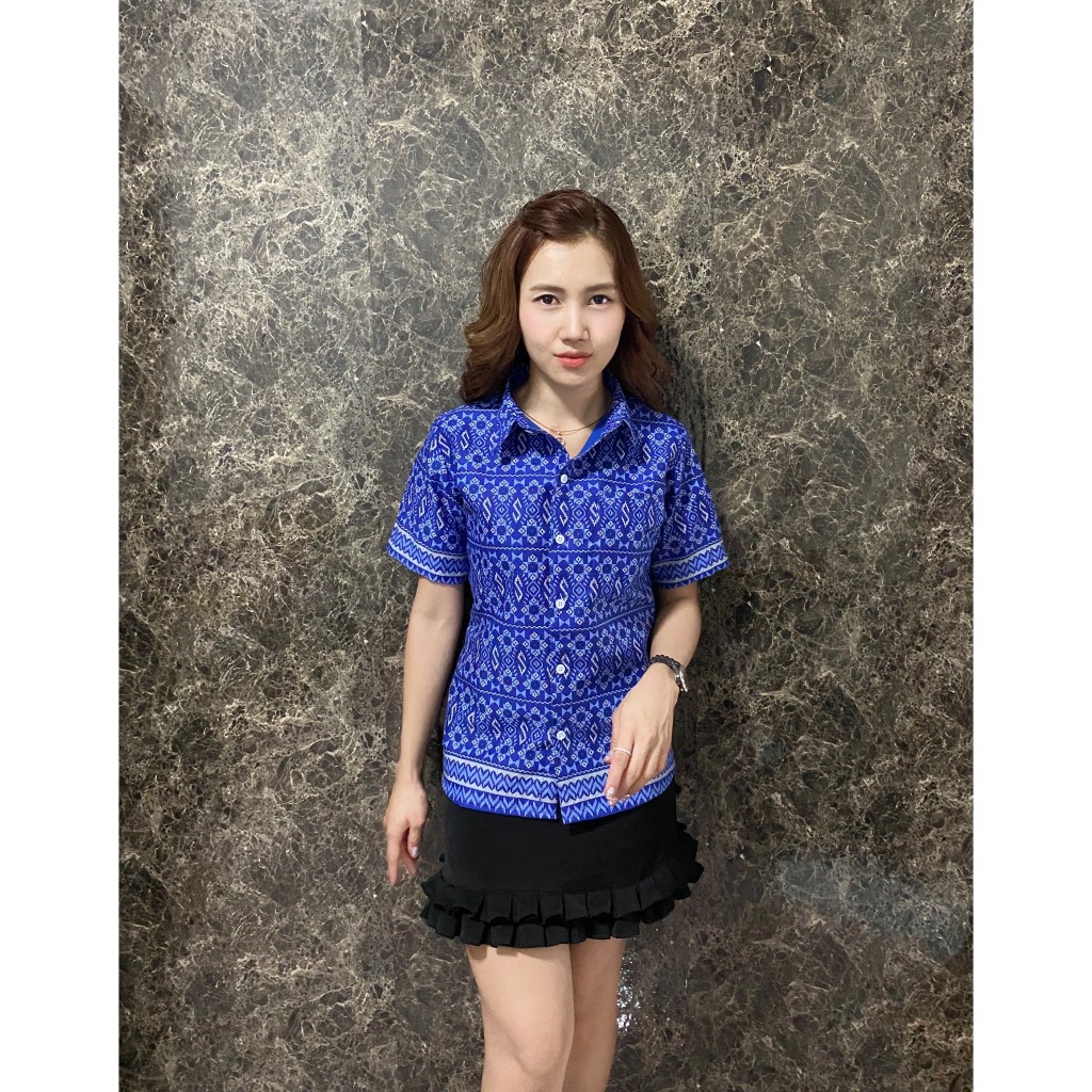 เสื้อเชิ้ตอัดกาว ลายขอ ร้านผ้าไทยบ้านรอดวงษ์ ผ้าคอตตอลพิมพ์ลายอัดกาวอย่างดี พร้อมส่ง