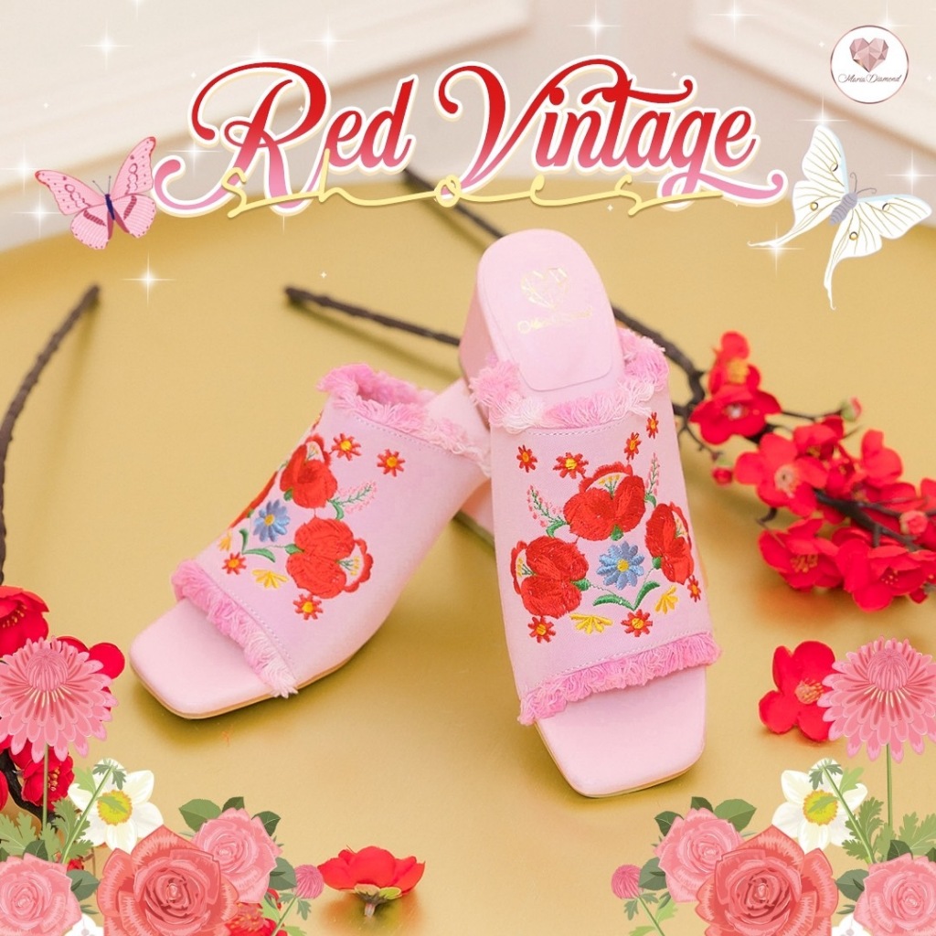 Red Vintage Shoes รองเท้าส้นสูงสไตล์วินเทจ สีชมพูปักลายดอกไม้ รองเท้าแบบสวม ใส่สบาย ไม่เจ็บเท้า / ความสูง 3 นิ้ว