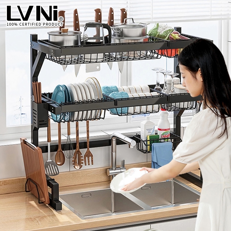 LVNI <รุ่นอัพเกรด> ชั้นวางจาน ที่วางจาน สแตนเลส 2-ชั้น <65-85-95-105-125cm> คร่อมอ่างล้างจาน ชั้นวางของในครัว