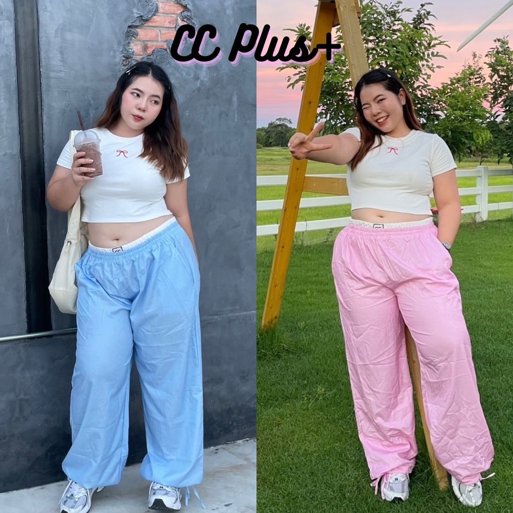 CiCi Plus+ (710) กางเกงขายาว ลายริ้ว ผ้าซาร่า แต่งขอบเอว ขากางเกงมีเชือกรูด ใส่วันสบายๆ สไตล์สาวพลัสไซส์