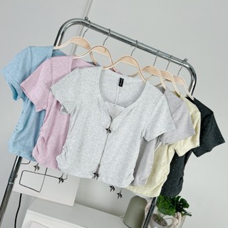 041 Deezyy เสื้อยืดแขนสั้น แต่งอะใหล่ซิป ผ้าร่องพิมพ์ลาย