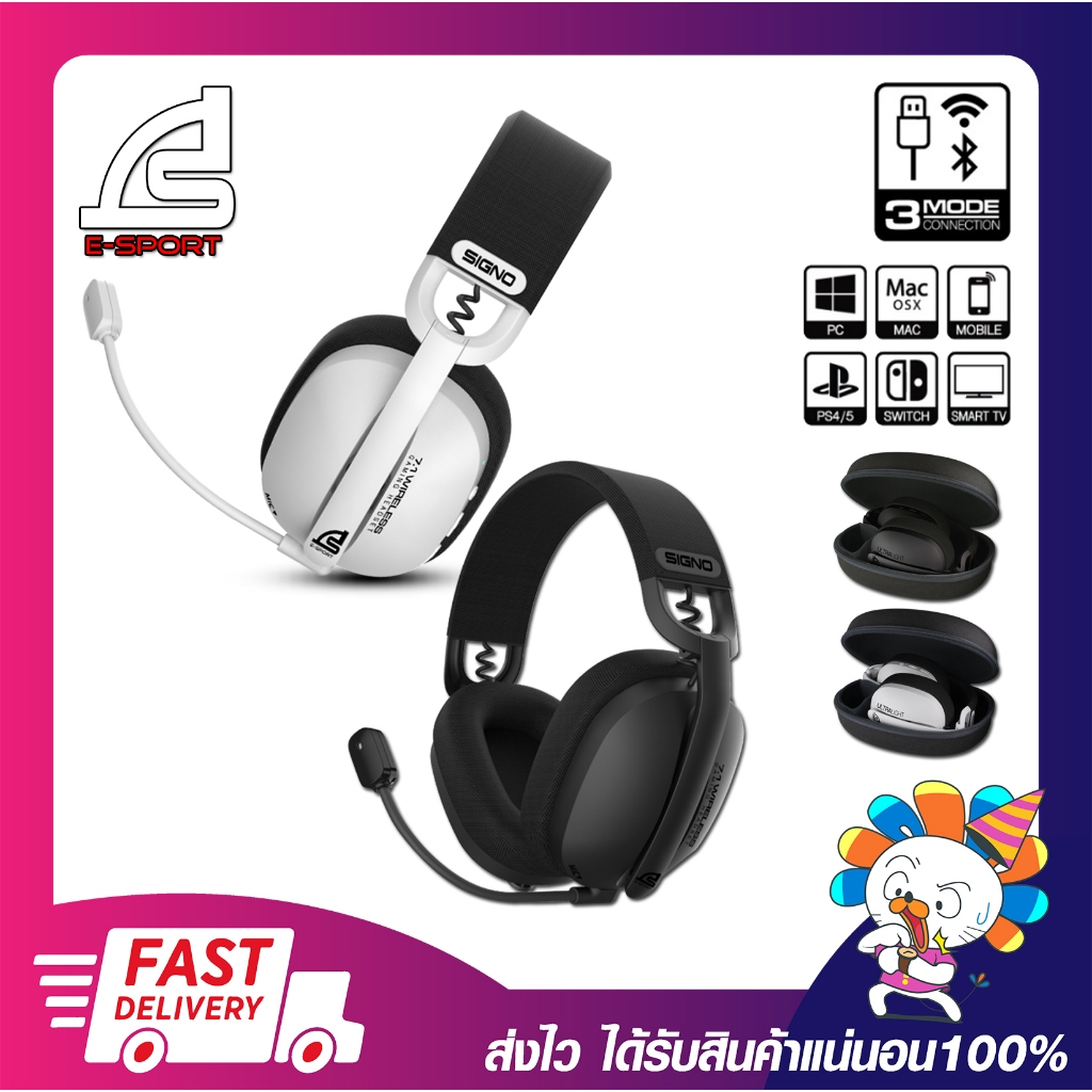 หูฟังเกมมิ่งไร้สาย 3 ระบบ Signo Wireless / Bluetooth Headphone รุ่น WP-601 Marlos สี Black/White เปิ
