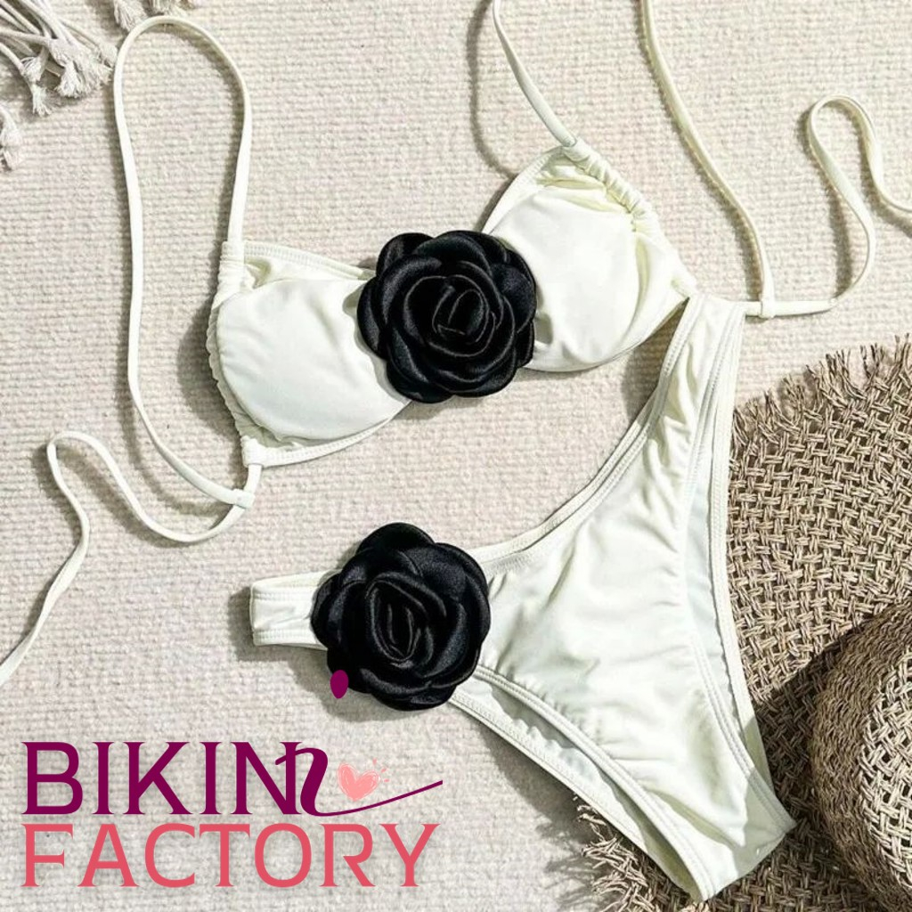 BIKINI FACTORY ชุดว่ายน้ำแฟชั่น ชุดว่ายน้ำชายหาด ชุดว่ายน้ำเซ็ต ชุดบิกินี่สายเดี่ยแต่งดอกไม้ผูกสายด้านหลังได้ BK-070