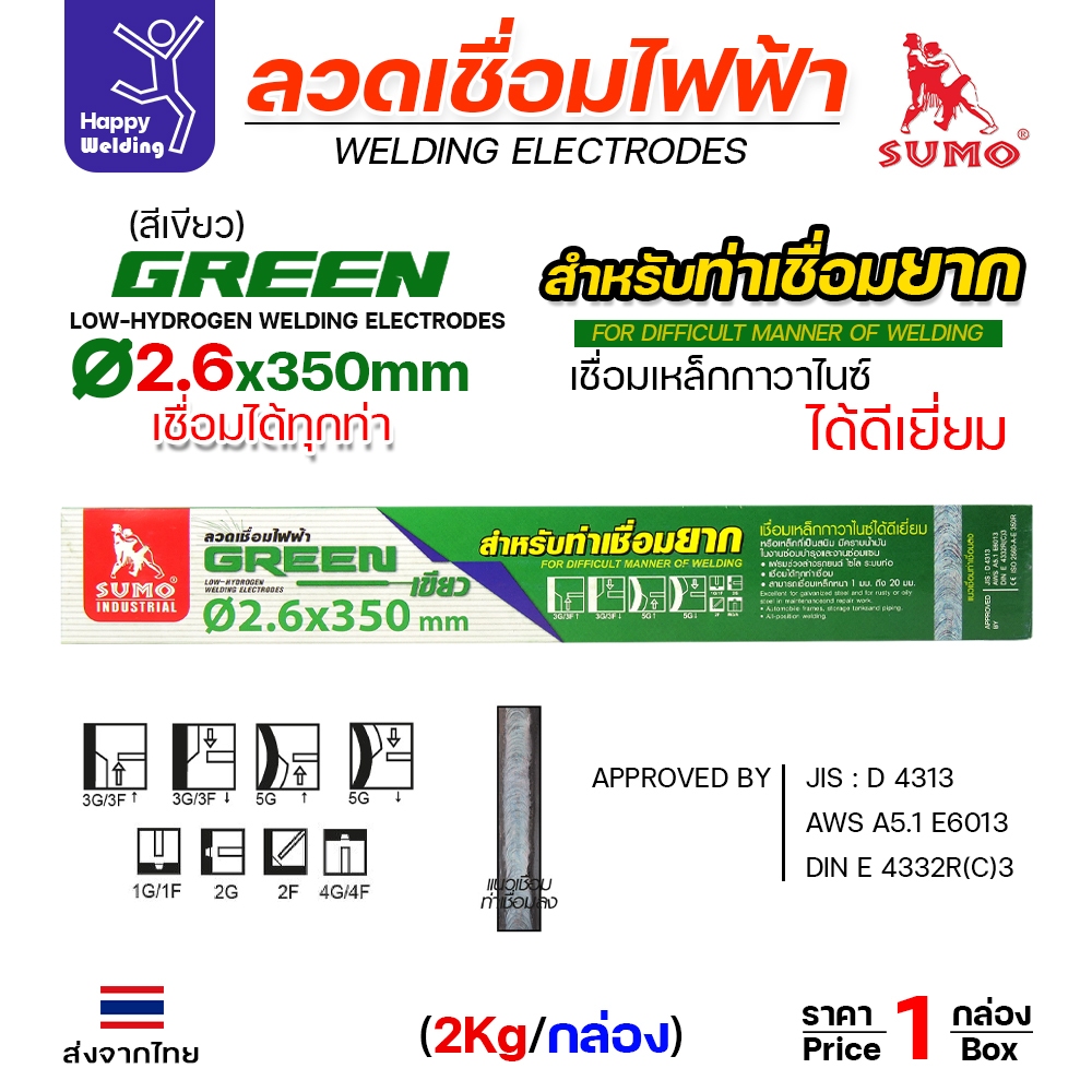 SUMO ลวดเชื่อมไฟฟ้า GREEN สีเขียว 2.6x350mm(E6013)
