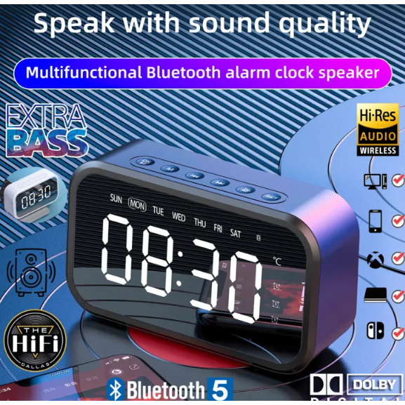 HiFiไร้สายบลูทู ธ5.0 ลำโพง LED จอแสดงผลดิจิตอลนาฬิกาปลุกกระจกพร้อมฟังก์ชั่นผู้ถือโทรศัพท์ มินิบลูทูธ