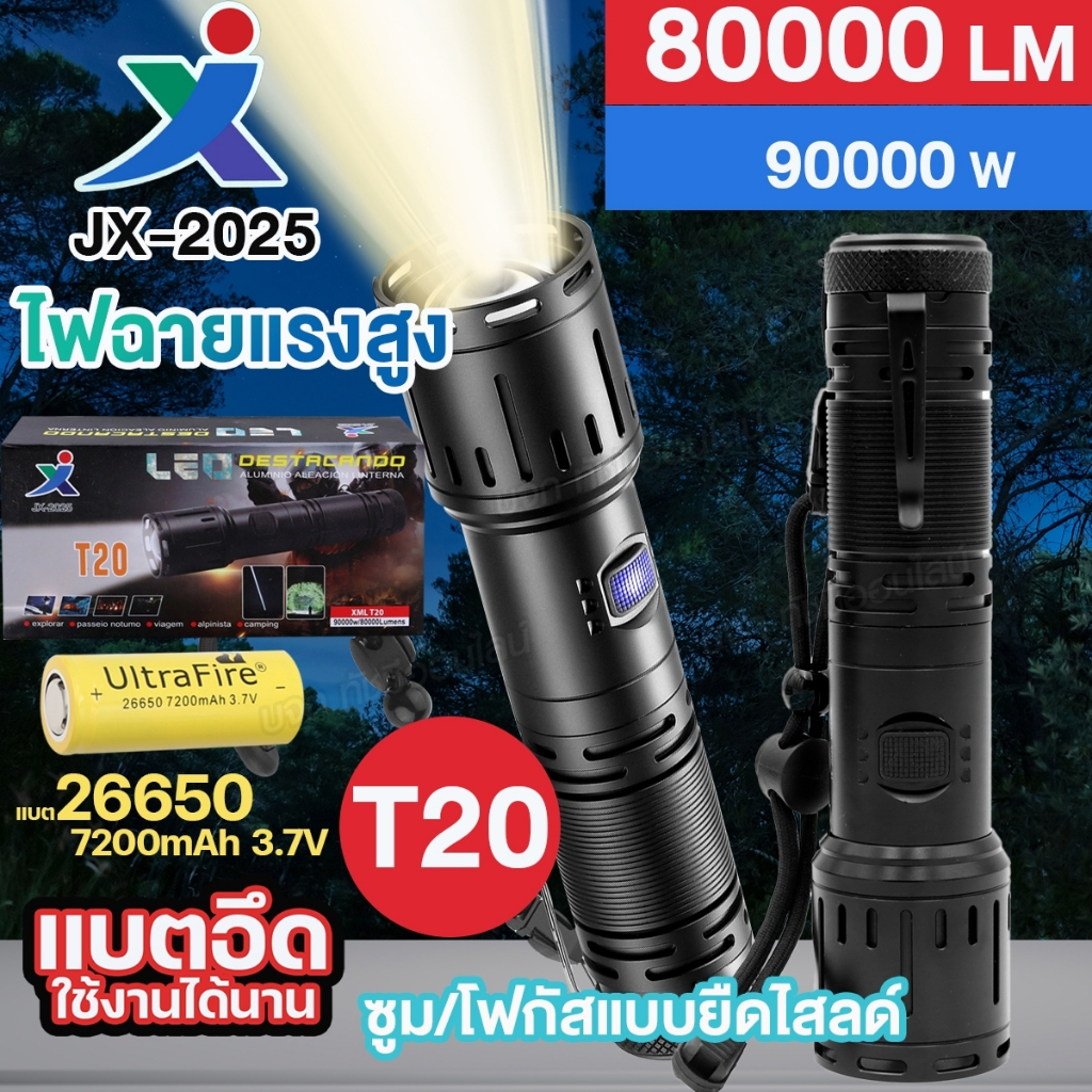 ไฟฉายแรงสูง XML T20 JX-2025 80000Lumens / 90000W ปรับแสงได้ 5โหมด ไฟซูม ไฟฉายฉุกเฉิน ใช้ชาร์จมือถือไ