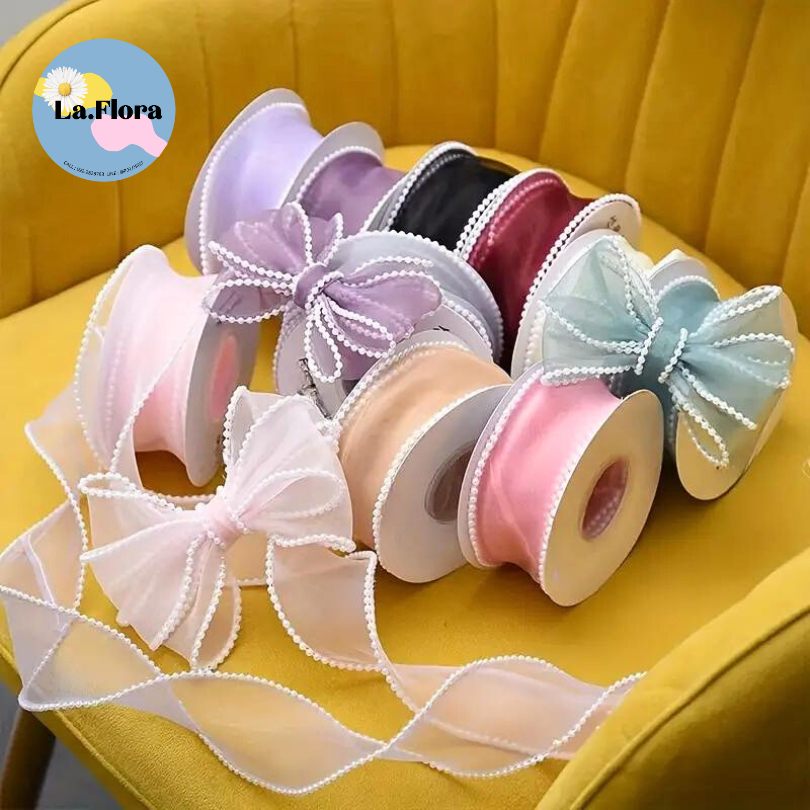 ริบบิ้นผ้าโปร่งขอบมุก ขอบมุข สไตล์เกาหลี ยกม้วน5หลา หน้ากว้าง 5 ซม.ผ้าชีฟอง ผ้าโปร่ง ผ้าซาติน  ริบบิ้นผูกช่อดอกไม้