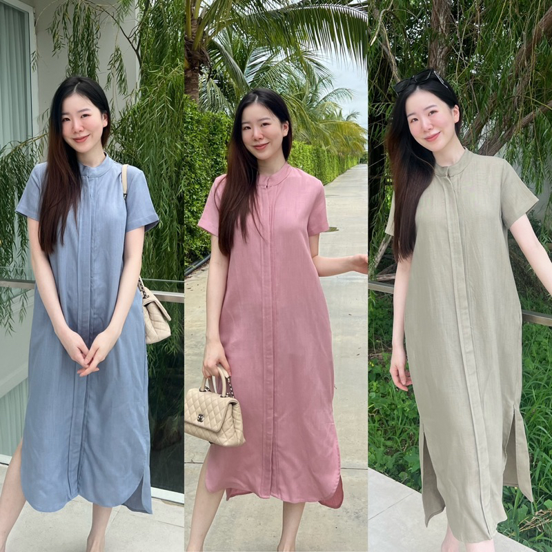 P1เดรสคอจีนกระดุมหน้าผ้าลินินแท้เกรดพรีเมียม