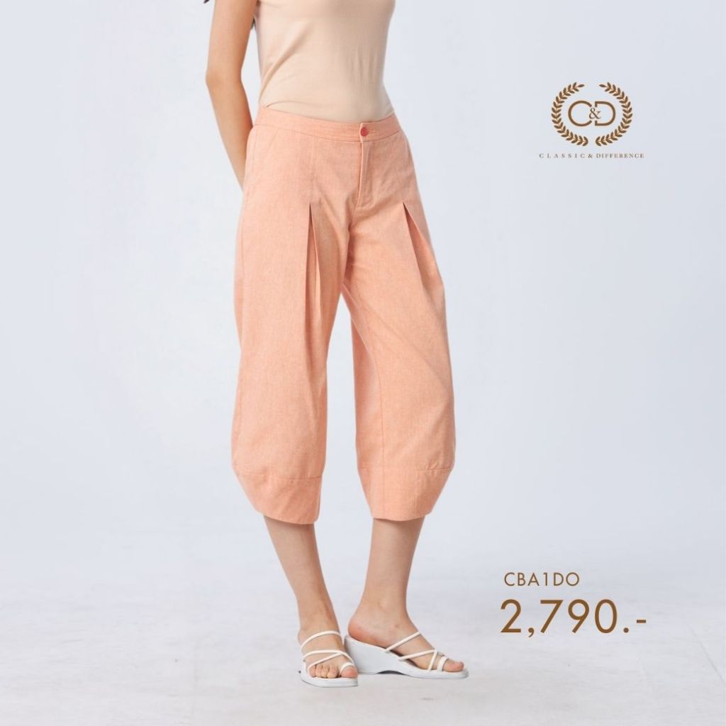 C&D กางเกงผู้หญิงขาห้าส่วน RE-LOO Linen chambray สีส้ม CBA1DO