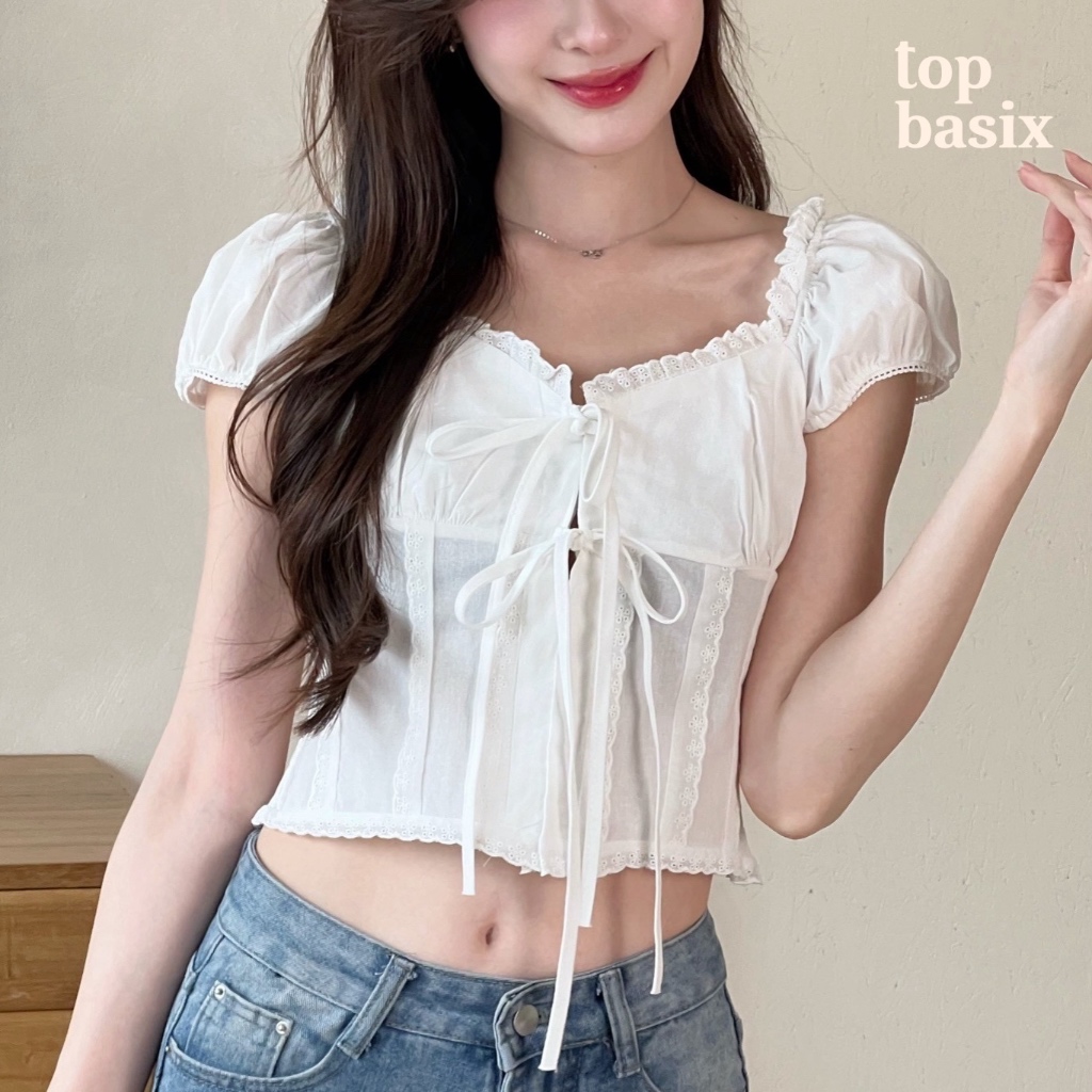 TOPBASIX - Lobster top เสื้อแขนตุ๊กตา ผูกเชือกหน้า