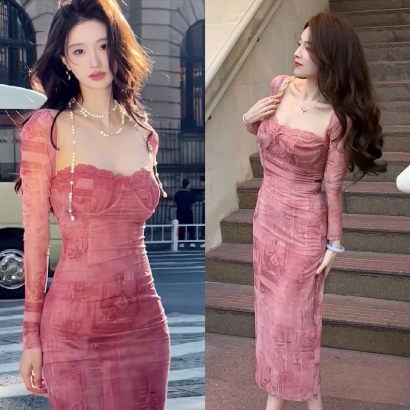Teera พร้อมส่ง เดรสคอเหลี่ยมลึกแขนยาว ผ้าซีทรูมีซับใน แต่งลูกไม้ขอบอก งานสวย เซ็กซี่มาก