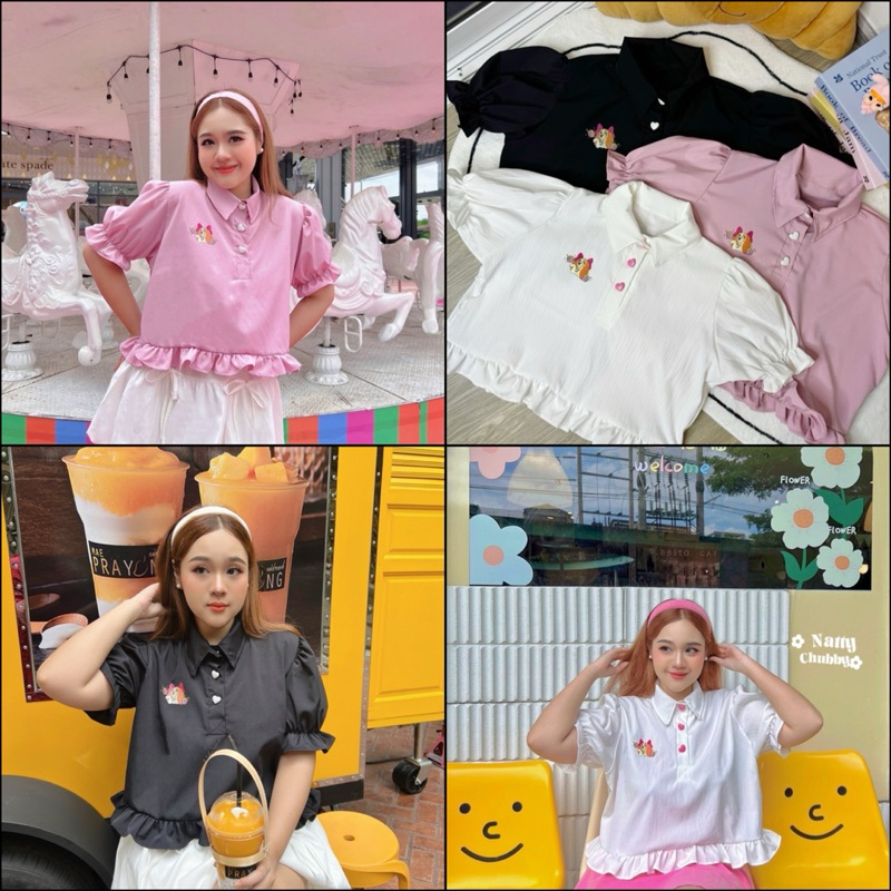 (Shopee video ลด50%) เสื้อครอปเชิ้ต แขนตุ๊กตา ชายระบาย สกรีนลายน้องหมาสุดน่ารัก