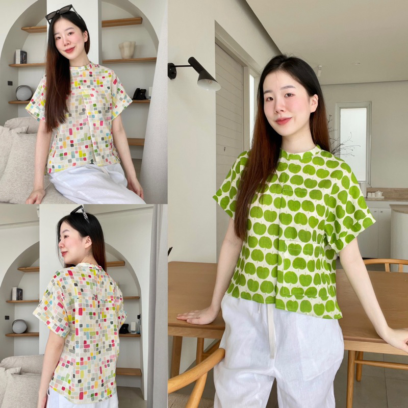 H4เสื้อลินินคอปีนทรงโอเวอร์ไซส์แขนในตัว