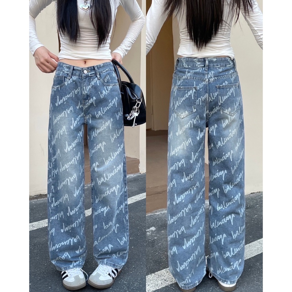 5018-Size XS-8XLl กางเกงยีนส์ขายาวทรงกระบอกเอวสูง  ผ้าไม่ยึด  ดีไซน์สกรีนลายทั้งตัว สวยใสไตล์เท่น่ารักใส่สบาย