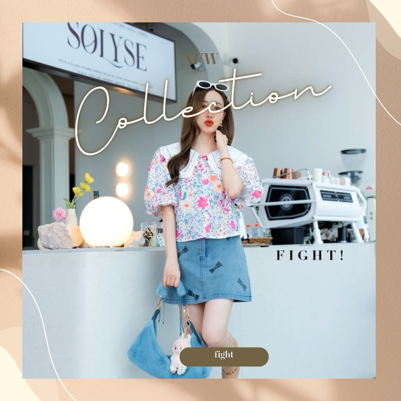 fight เสื้อฉลุพิมพ์ลายดอกสดสวย แขนพวง แต่งคอด้วยปกลูกไม้ขาว