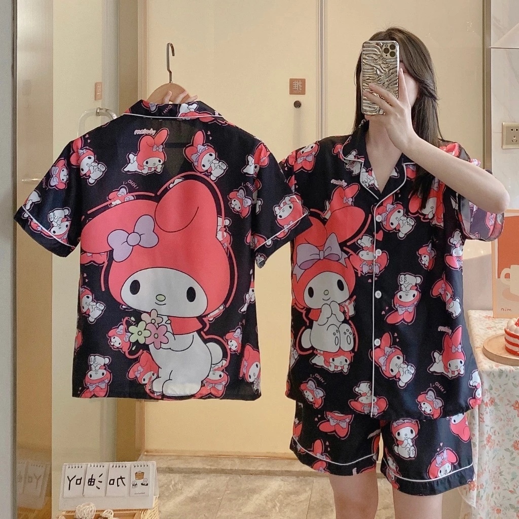 ชุดนอนคอปก ชุดนอนผู้หญิง แขนสั้นขาสั้น ผ้าคอนตอน ไม่บาง ลายการ์ตูน น่ารัก ML